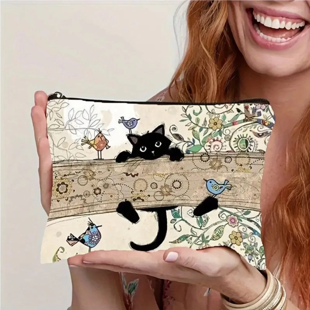 “Hang In There” Black Cat Cosmetic Bag, Lg
